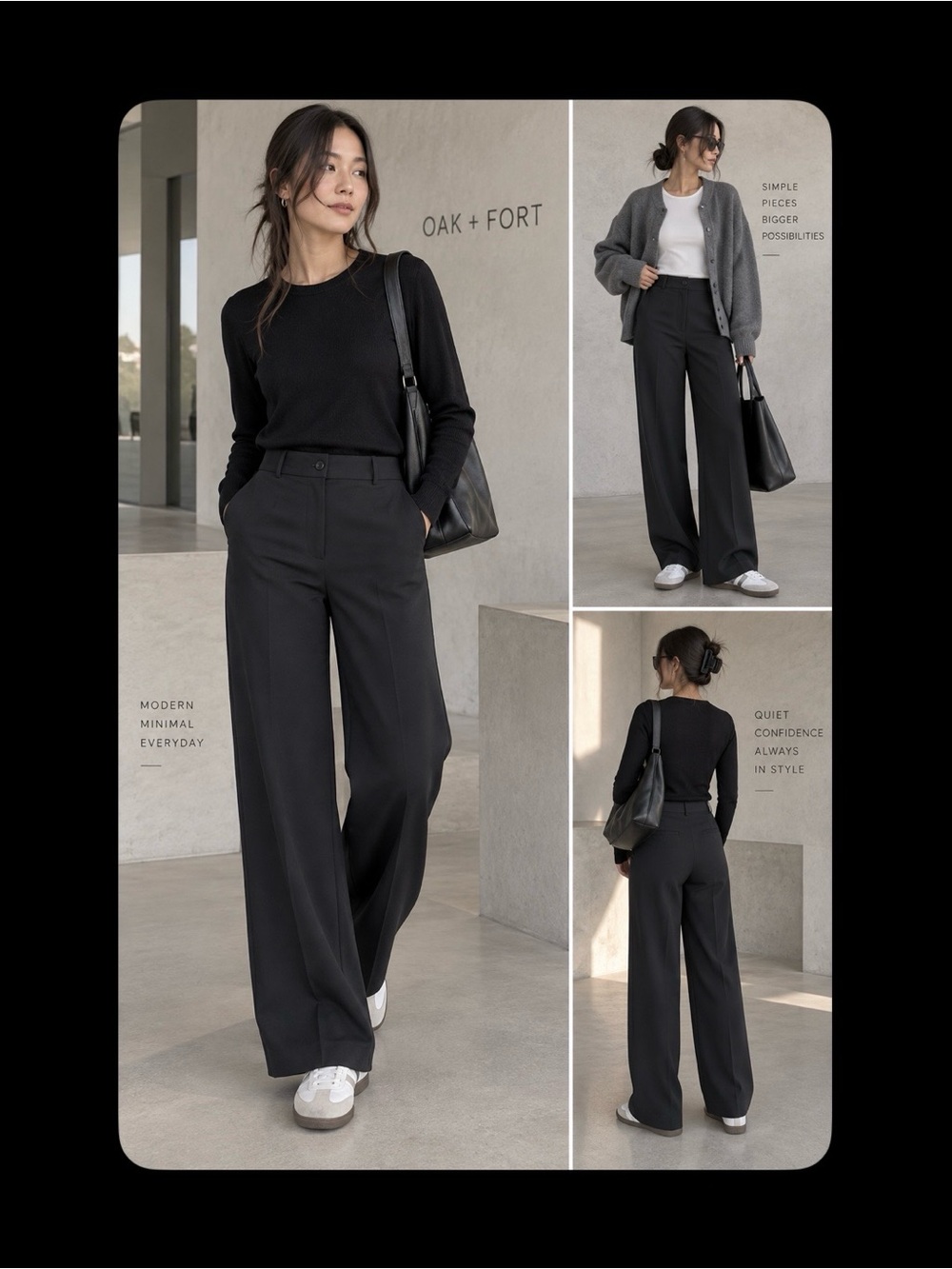 OAK + FORT Black Wide-Leg Pants — Minimal Tailored Silhouette